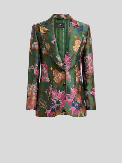 SINGLE-BREASTED COTTON-BLEND JACQUARD JACKET WITH FLORAL MOTIF