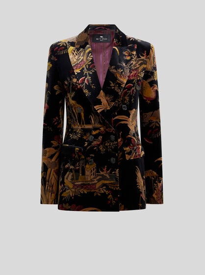 DOUBLE-BREASTED COTTON VELVET JACKET WITH FLOWER AND ANIMAL OVERPRINT