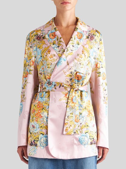 WRAPAROUND JACQUARD JACKET WITH SPRING BOUQUET PRINT