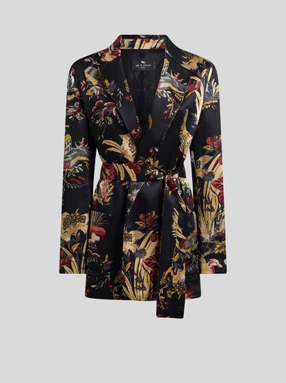 ENVERS SATIN JACKET WITH BELT AND FLOWER AND ANIMAL MOTIF