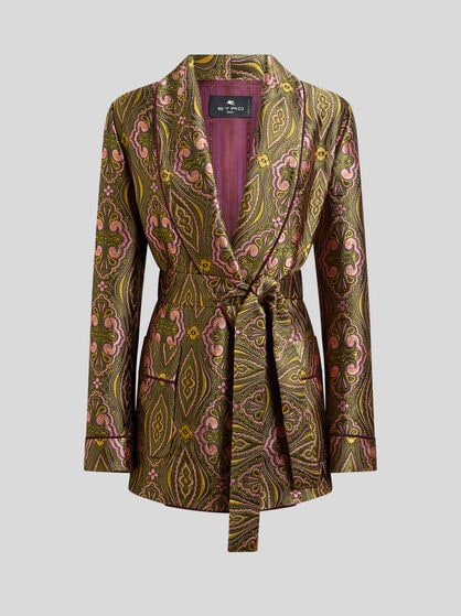 JACQUARD JACKET WITH BELT AND FLORAL MEDALLION MOTIF