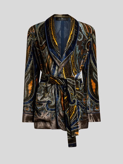 VELVET JACKET WITH BELT AND PAISLEY MOTIF
