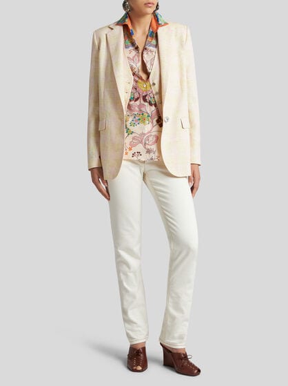 LONG CHECK JACKET WITH PEGASO BUTTONS