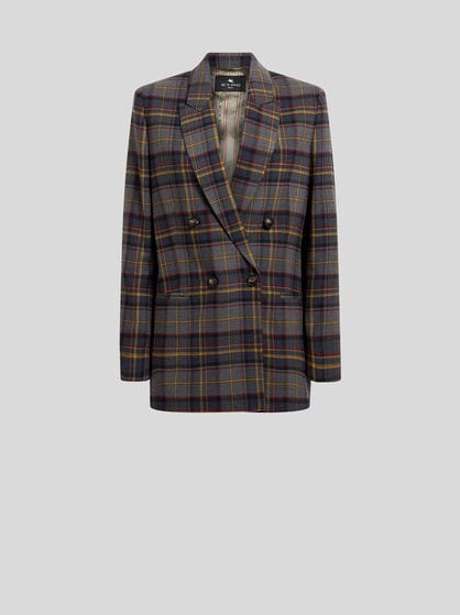 DOUBLE-BREASTED STRETCH WOOL JACKET WITH CHECK MOTIF