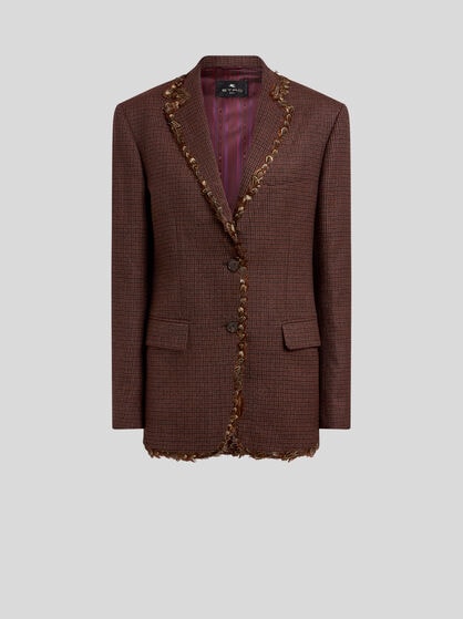SINGLE-BREASTED WOOL JACKET WITH PHEASANT FEATHERS AND MICRO HOUNDSTOOTH MOTIF