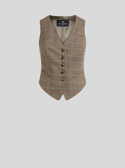 SINGLE-BREASTED STRETCH WOOL WAISTCOAT WITH PRINCE OF WALES MOTIF