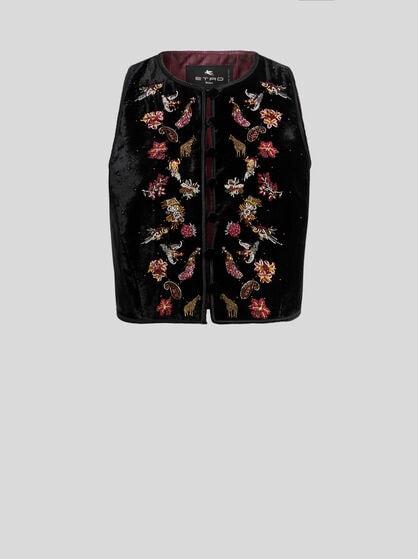CROPPED VELVET WAISTCOAT WITH EMBROIDERY AND BEADS