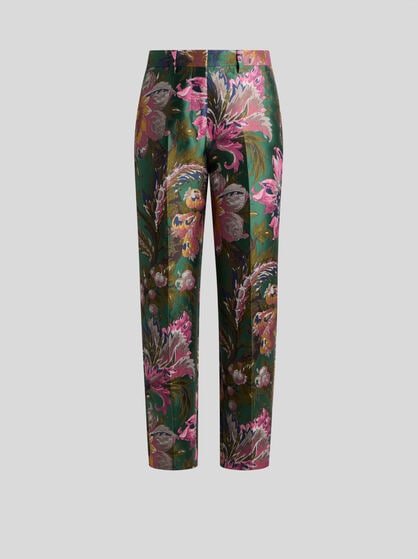 COTTON-BLEND JACQUARD TROUSERS WITH FLORAL MOTIF