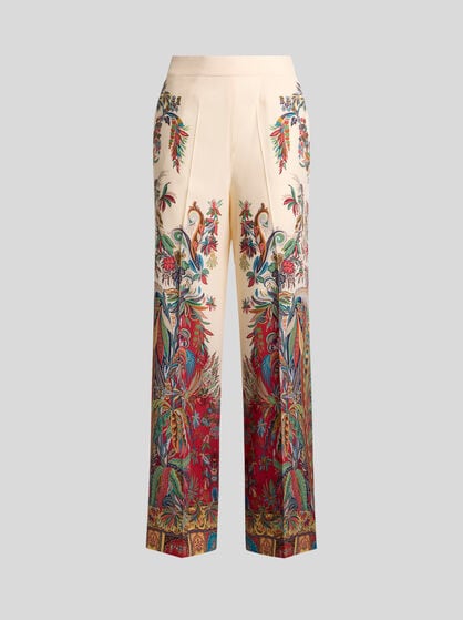 SILK TROUSERS JACKET WITH PLACED PAISLEY FOLIAGE PRINT