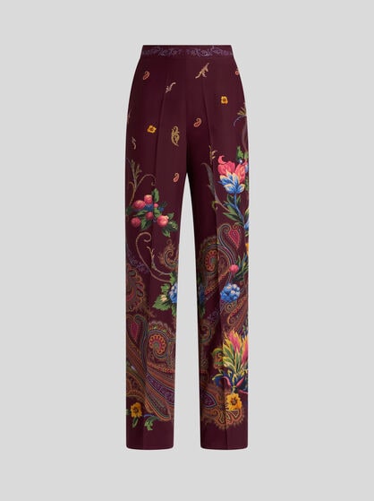 PANTALONES DE SEDA CON MICROMOTIVO Y ESTAMPADO PAISLEY FLORAL POSICIONAL