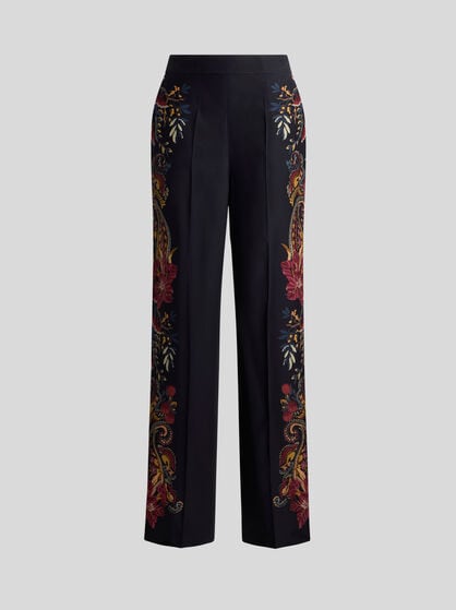 SILK TROUSERS WITH PLACED FLORAL PAISLEY PRINT