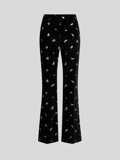 COTTON VELVET TROUSERS WITH FLOWER AND ANIMAL MOTIF