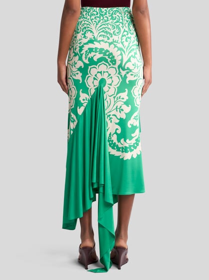 ASYMMETRIC JERSEY SKIRT WITH FLOUNCE AND PRINT