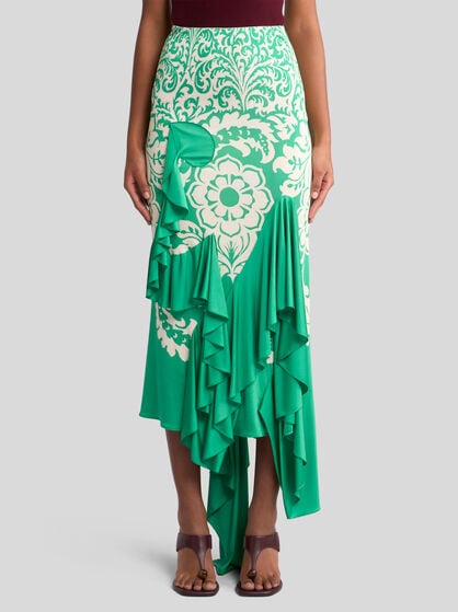 ASYMMETRIC JERSEY SKIRT WITH FLOUNCE AND PRINT