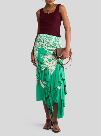 ASYMMETRIC JERSEY SKIRT WITH FLOUNCE AND PRINT