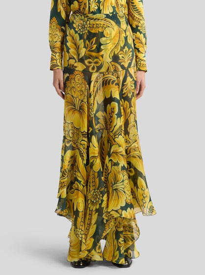 SILK MAXI SKIRT WITH FLOWER AND BEE MOTIF