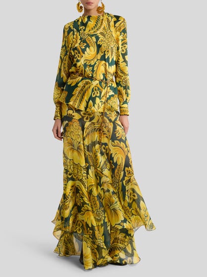SILK MAXI SKIRT WITH FLOWER AND BEE MOTIF