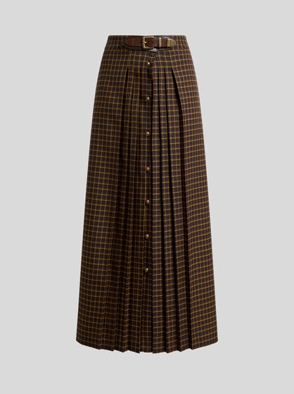 WOOL MAXI SKIRT WITH PLEATING AND CHECK MOTIF