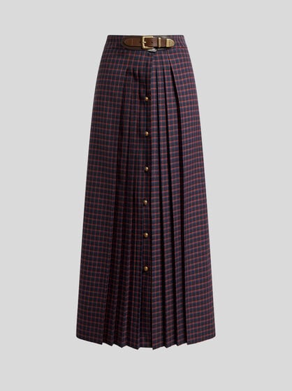 WOOL MAXI SKIRT WITH PLEATING AND CHECK MOTIF