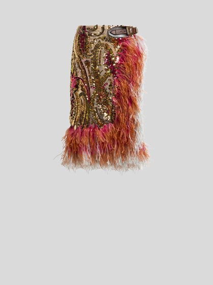 KNEE-LENGTH SKIRT WITH SEQUINS AND OSTRICH FEATHERS