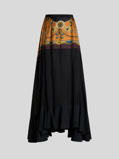 SILK MAXI SKIRT WITH BOW AND PLACED JEWELLERY PRINT