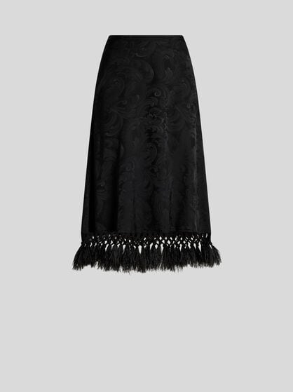 JACQUARD MIDI SKIRT WITH OSTRICH FEATHERS AND PAISLEY MOTIF