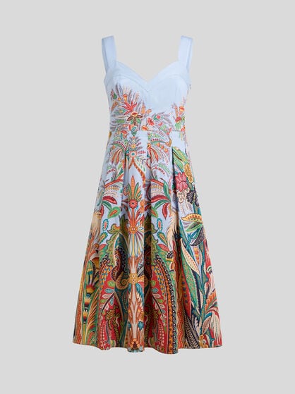 COTTON MIDI DRESS WITH PLEATS AND PLACED PAISLEY FOLIAGE PRINT