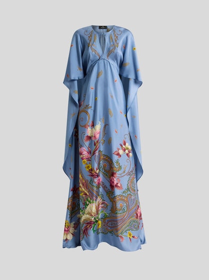 LONG SILK DRESS WITH CAPE AND PLACED FLORAL PAISLEY PRINT