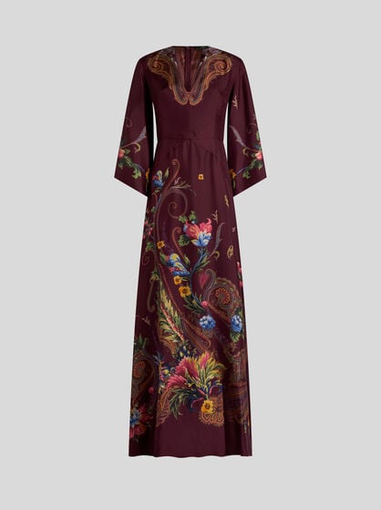 LONG SILK DRESS WITH PLACED FLORAL PAISLEY PRINT