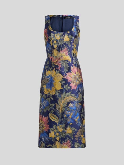COTTON-BLEND JACQUARD MIDI DRESS WITH FLORAL MOTIF