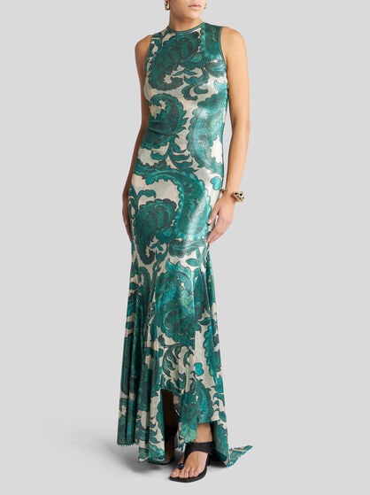 LAMINATED JERSEY DRESS WITH MAXI PAISLEY PRINT