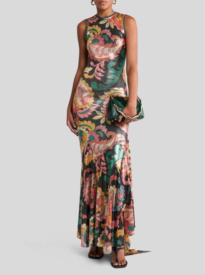LAMINATED JERSEY DRESS WITH MAXI PAISLEY PRINT