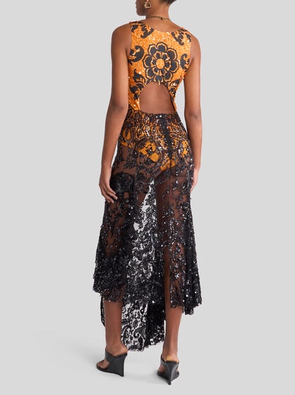 ASYMMETRIC DRESS WITH SEQUIN EMBROIDERY AND CUT-OUT
