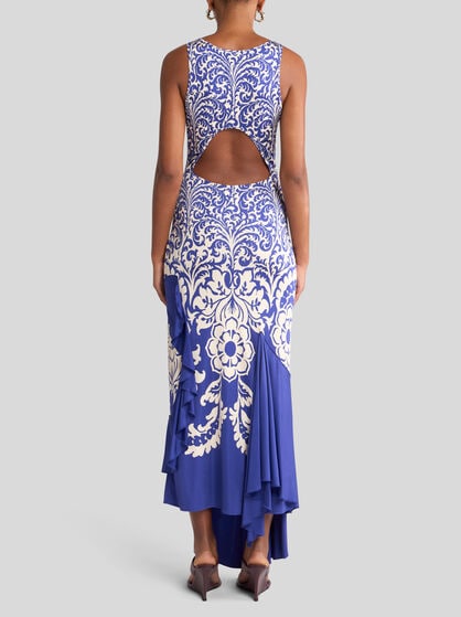 LONG JERSEY DRESS WITH FLOUNCE AND PRINT