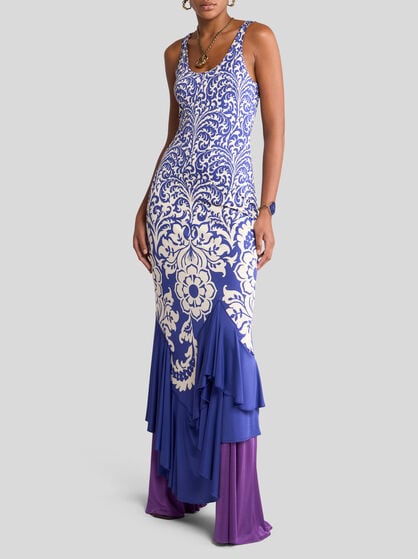 LONG JERSEY DRESS WITH FLOUNCE AND PRINT