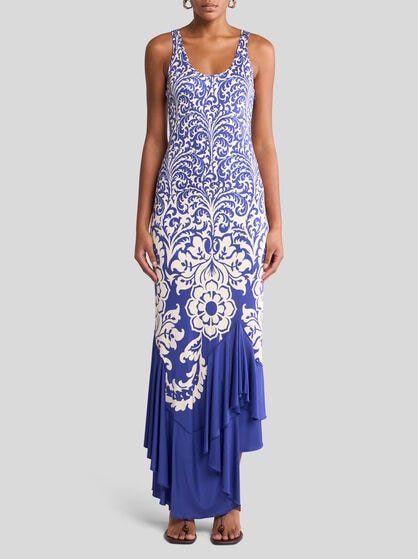 LONG JERSEY DRESS WITH FLOUNCE AND PRINT