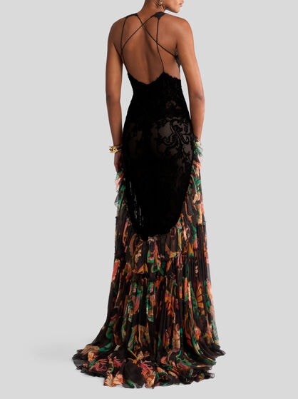 LONG SILK DRESS WITH FLOUNCE