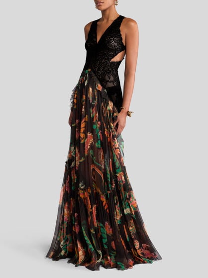 LONG SILK DRESS WITH FLOUNCE