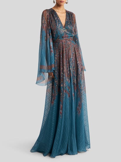 FLORAL PAISLEY LONG SILK DRESS