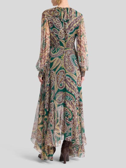 LONG SILK CREPON DRESS WITH PAISLEY MOTIF