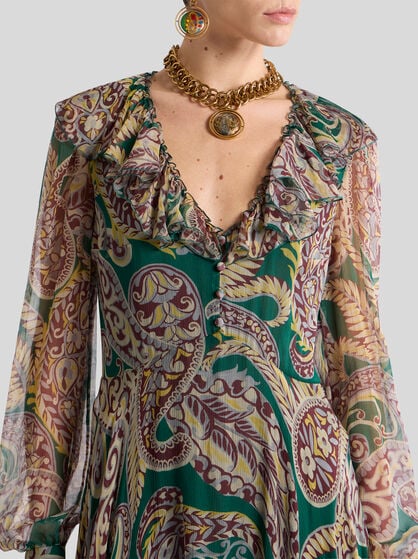 LONG SILK CREPON DRESS WITH PAISLEY MOTIF