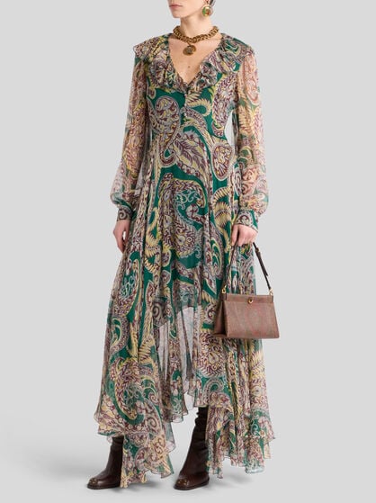 LONG SILK CREPON DRESS WITH PAISLEY MOTIF