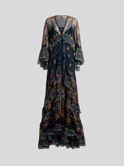 LONG SILK DRESS WITH PLACED FLORAL PAISLEY PRINT