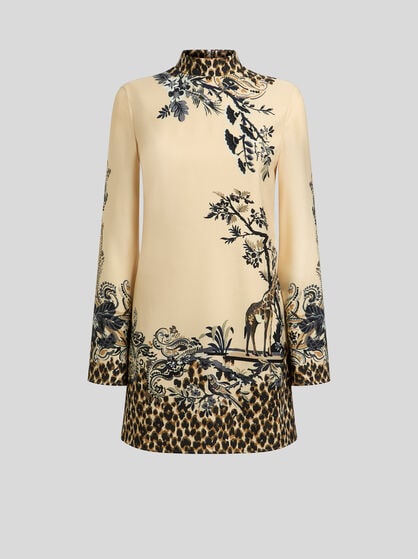 ENVERS SATIN MINI DRESS WITH FRONT PRINT AND LEOPARD MOTIF