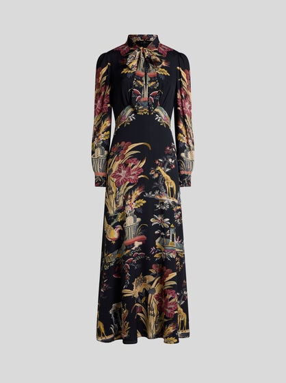LONG DRESS WITH SILK SCARF AND PLACED FLOWER AND ANIMAL PRINT