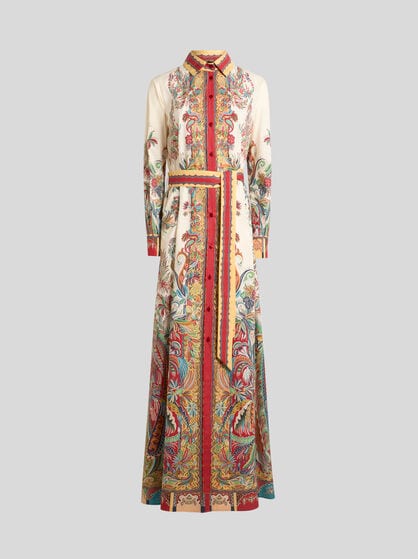 ROBE CHEMISE LONGUE EN COTON &Agrave; IMPRIM&Eacute; PAISLEY FEUILLAGE PLAC&Eacute;
