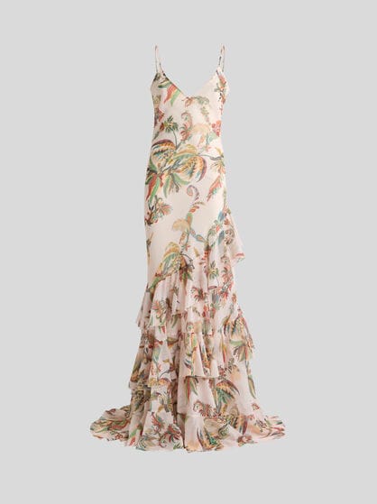 LONG SEERSUCKER DRESS WITH RUFFLES AND PAISLEY FOLIAGE MOTIF