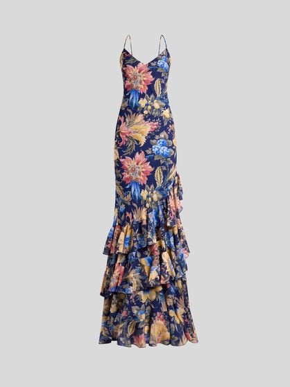 LONG SEERSUCKER DRESS WITH RUFFLES AND FLORAL MOTIF