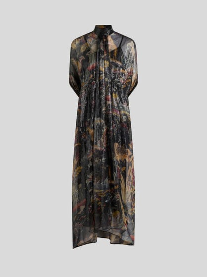 LONG SILK DRESS WITH CAPE DETAIL AND FLOWER AND ANIMAL MOTIF