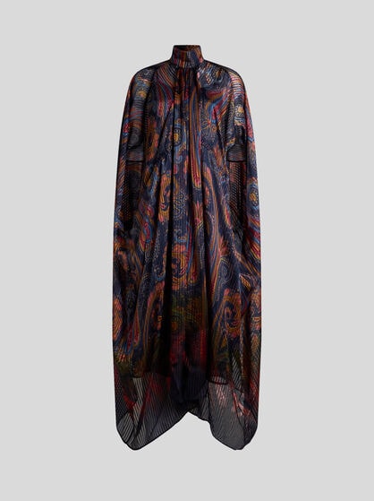 LONG SILK DRESS WITH CAPE AND DEGRAD&Eacute; PAISLEY MOTIF